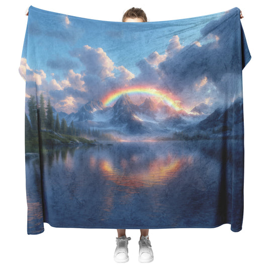 Radiant Rainbow Over Dramatic Mountain Horizon Sparkling Waves Glowing Clouds Sunset Light Fleece Sherpa Blanket - Awakening Righteousness