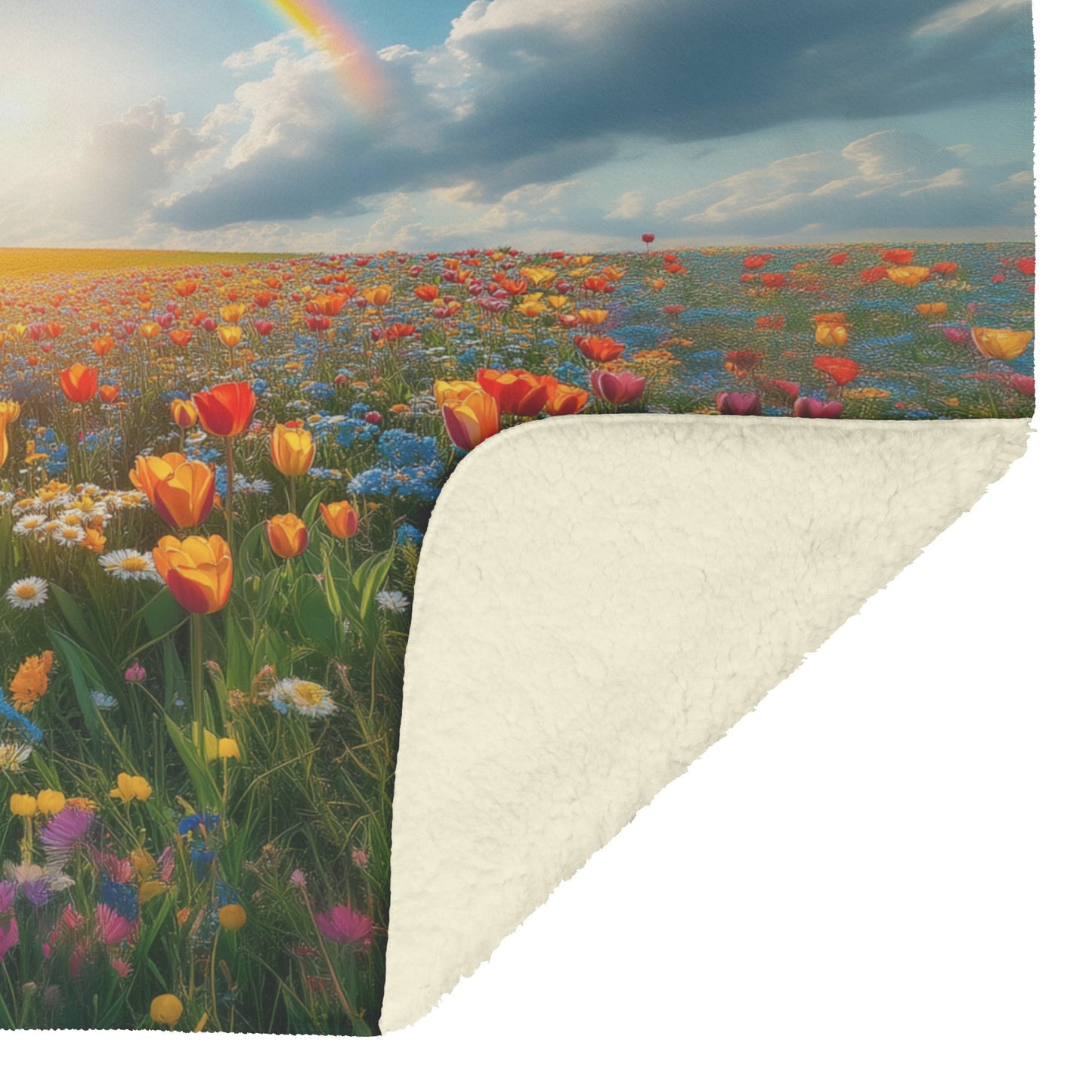 Radiant Rainbow Over Flower Meadow Vibrant Tulips Daisies Wildflowers Glowing Sunlight Fleece Sherpa Blanket - Awakening Righteousness