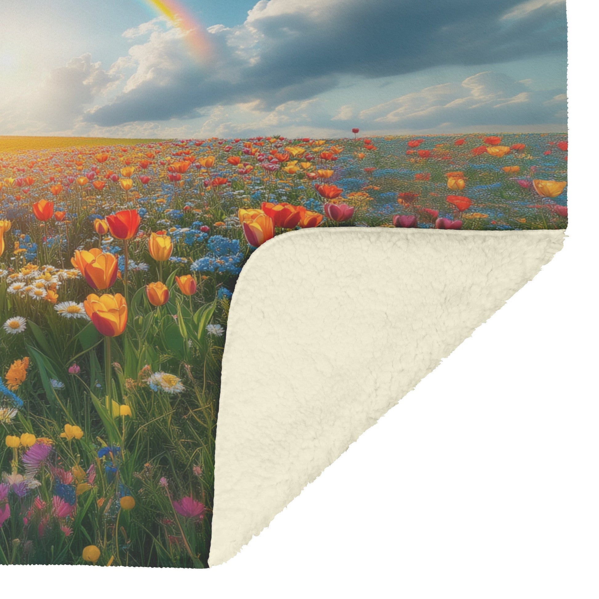 Radiant Rainbow Over Flower Meadow Vibrant Tulips Daisies Wildflowers Glowing Sunlight Fleece Sherpa Blanket - Awakening Righteousness
