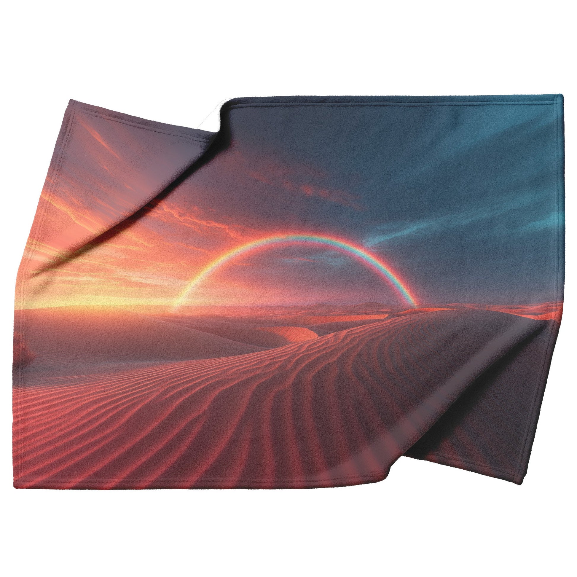 Radiant Rainbow Over Golden Desert Dunes at Sunset Glowing Sand Orange and Pink Skies Fleece Sherpa Blanket - Awakening Righteousness