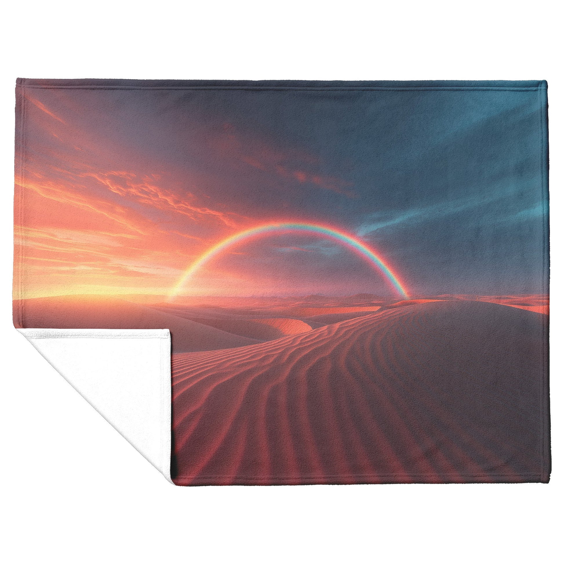 Radiant Rainbow Over Golden Desert Dunes at Sunset Glowing Sand Orange and Pink Skies Fleece Sherpa Blanket - Awakening Righteousness