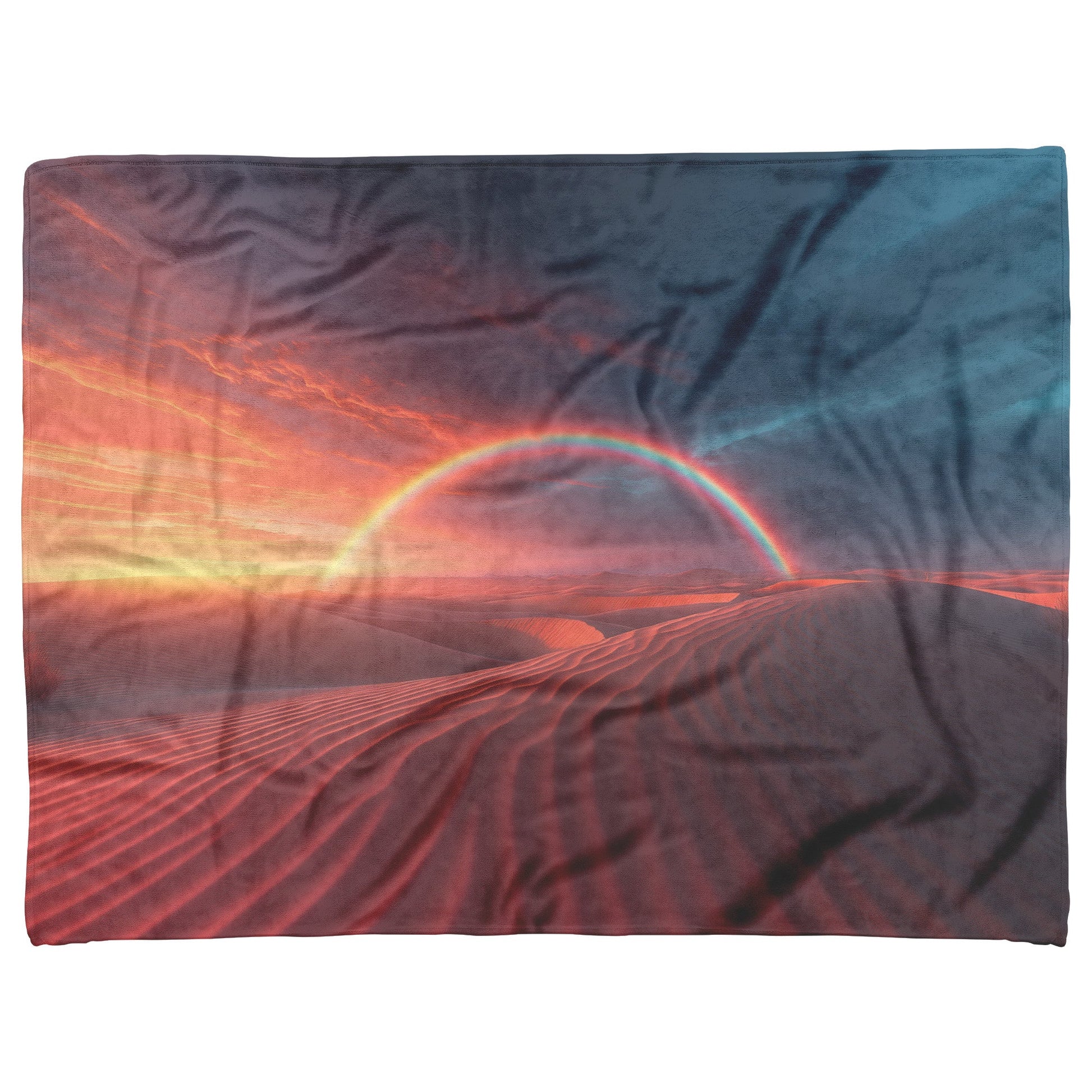 Radiant Rainbow Over Golden Desert Dunes at Sunset Glowing Sand Orange and Pink Skies Fleece Sherpa Blanket - Awakening Righteousness
