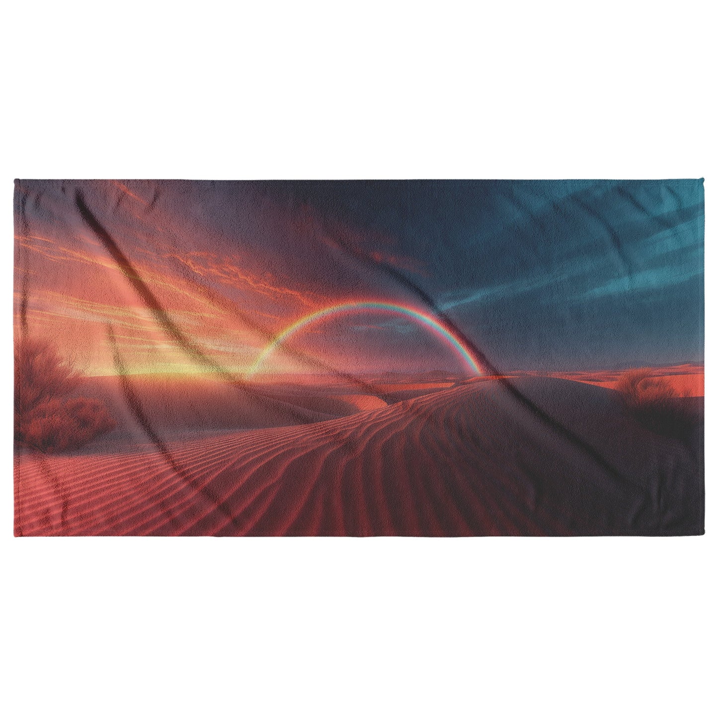 Radiant Rainbow Over Golden Desert Dunes at Sunset Glowing Sand Vibrant Orange Pink Skies Natural Scenery Beach Towel - Awakening Righteousness