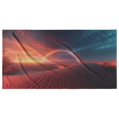 Radiant Rainbow Over Golden Desert Dunes at Sunset Glowing Sand Vibrant Orange Pink Skies Natural Scenery Beach Towel - Awakening Righteousness