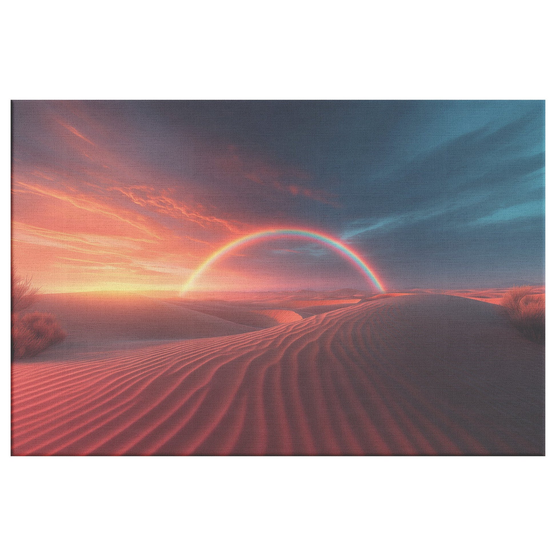 Radiant Rainbow Over Golden Desert Dunes Sunset Glow Vibrant Orange Pink Skies Majestic Natural Canvas Art - Awakening Righteousness