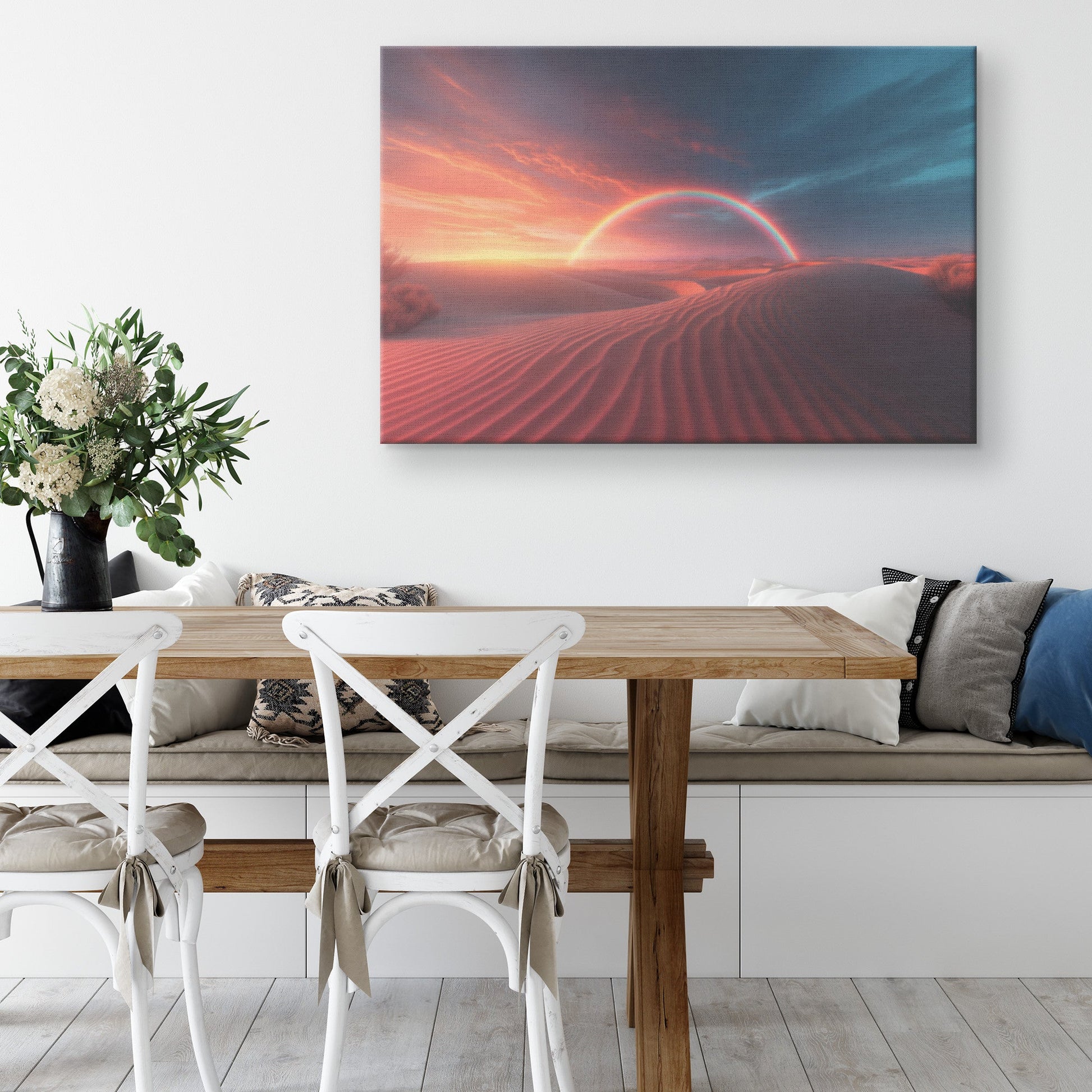 Radiant Rainbow Over Golden Desert Dunes Sunset Glow Vibrant Orange Pink Skies Majestic Natural Canvas Art - Awakening Righteousness