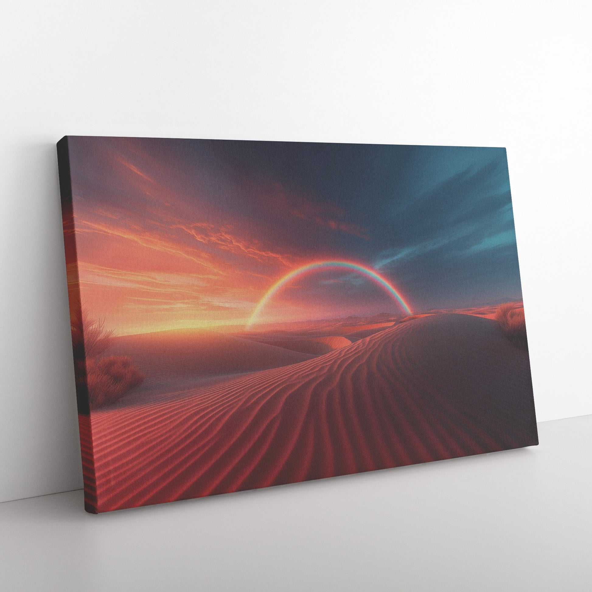 Radiant Rainbow Over Golden Desert Dunes Sunset Glow Vibrant Orange Pink Skies Majestic Natural Canvas Art - Awakening Righteousness