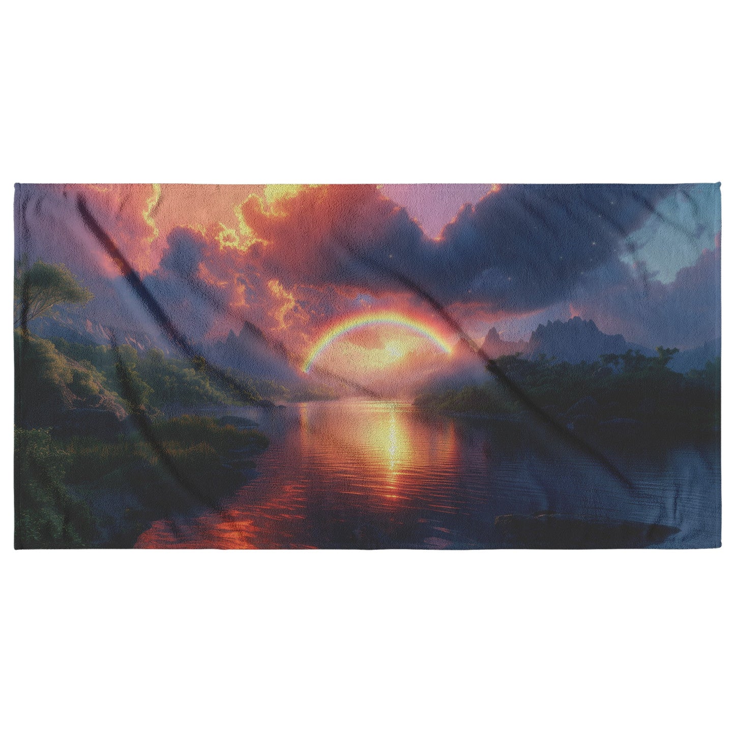 Radiant Rainbow with Golden Light Over Ocean Horizon Sparkling Waves Glowing Clouds Sunset Beams of Light Scenic Towel - Awakening Righteousness