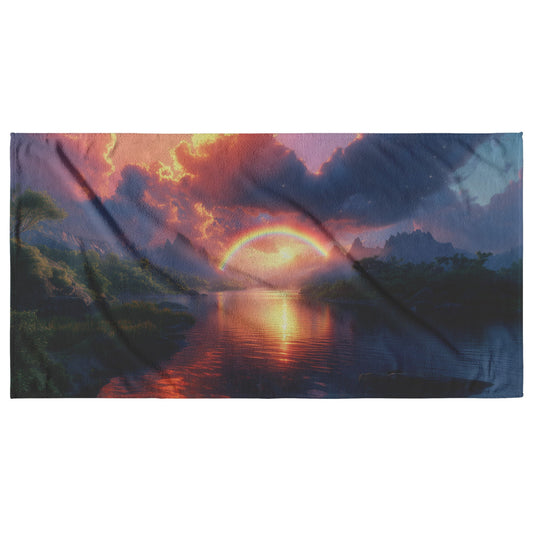 Radiant Rainbow with Golden Light Over Ocean Horizon Sparkling Waves Glowing Clouds Sunset Beams of Light Scenic Towel - Awakening Righteousness