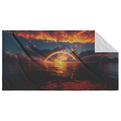 Radiant Rainbow with Golden Light Over Ocean Horizon Sparkling Waves Glowing Clouds Sunset Beams of Light Scenic Towel - Awakening Righteousness