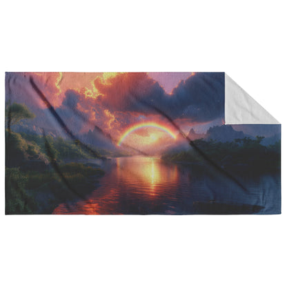 Radiant Rainbow with Golden Light Over Ocean Horizon Sparkling Waves Glowing Clouds Sunset Beams of Light Scenic Towel - Awakening Righteousness