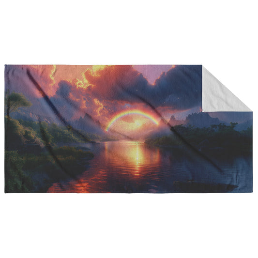 Radiant Rainbow with Golden Light Over Ocean Horizon Sparkling Waves Glowing Clouds Sunset Beams of Light Scenic Towel - Awakening Righteousness
