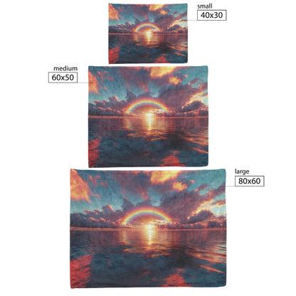 Radiant Rainbow with Golden Light Over Ocean Horizon Sparkling Waves Glowing Clouds Sunset Fleece Sherpa Blanket - Awakening Righteousness