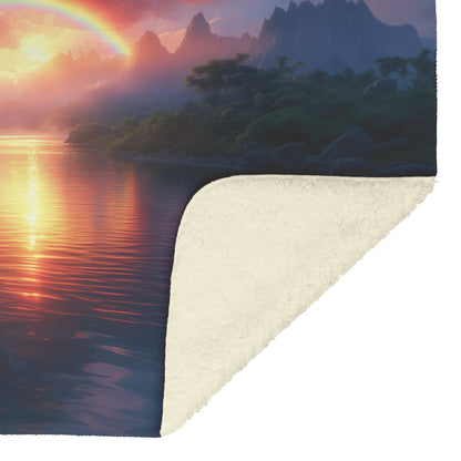 Radiant Rainbow with Golden Light Over Ocean Horizon Sparkling Waves Glowing Clouds Sunset Fleece Sherpa Blanket - Awakening Righteousness