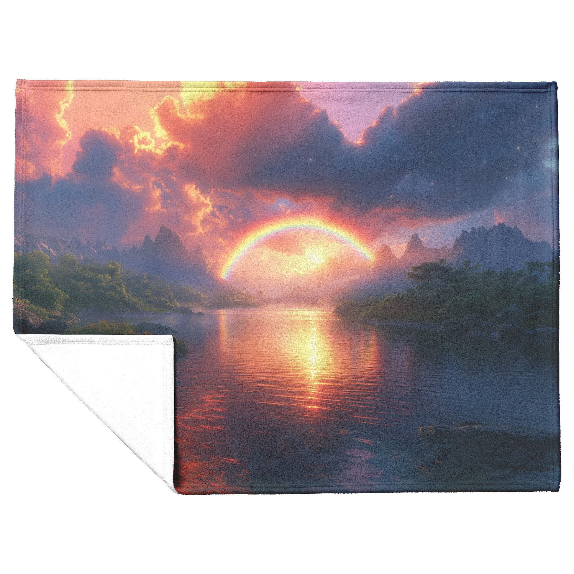 Radiant Rainbow with Golden Light Over Ocean Horizon Sparkling Waves Glowing Clouds Sunset Fleece Sherpa Blanket - Awakening Righteousness