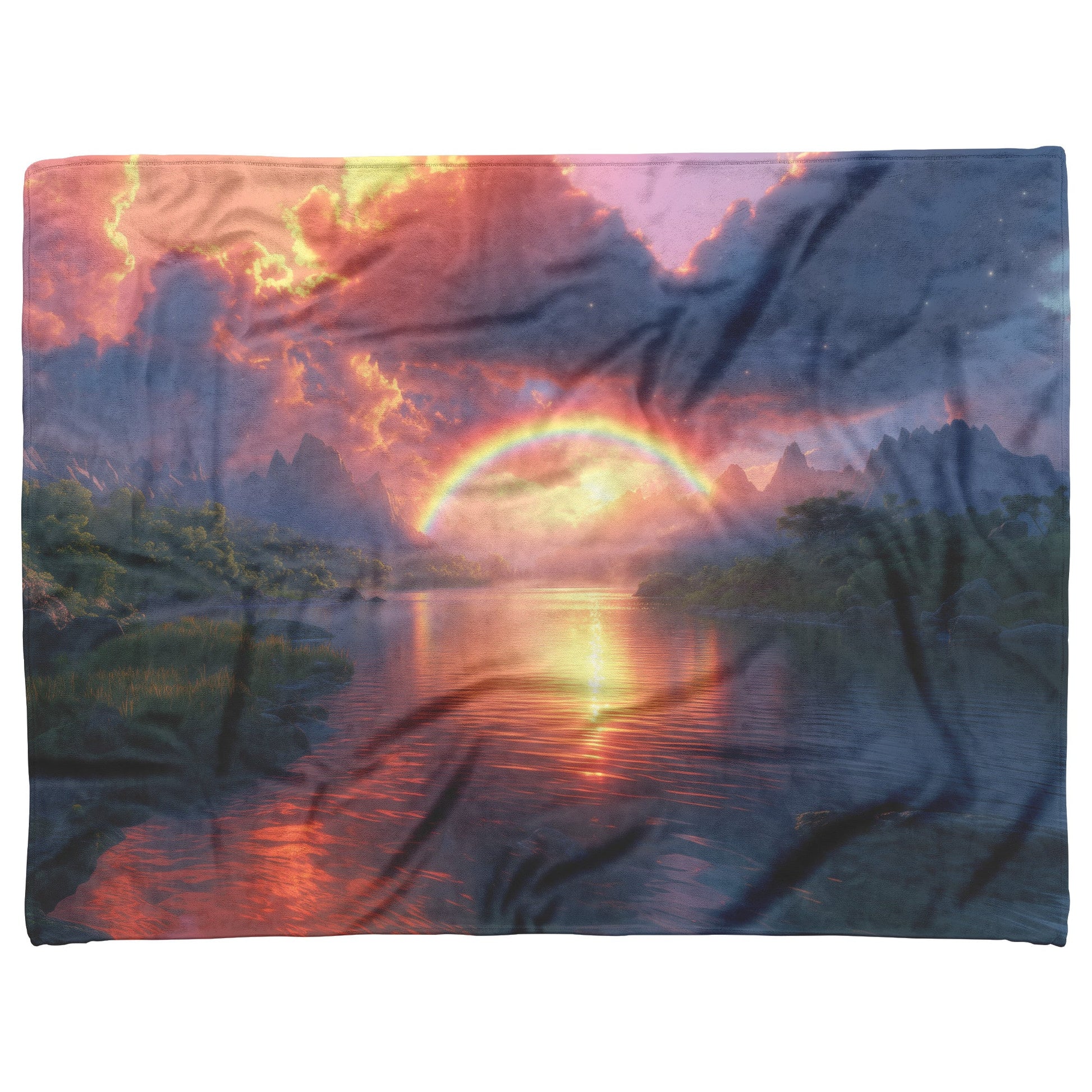 Radiant Rainbow with Golden Light Over Ocean Horizon Sparkling Waves Glowing Clouds Sunset Fleece Sherpa Blanket - Awakening Righteousness