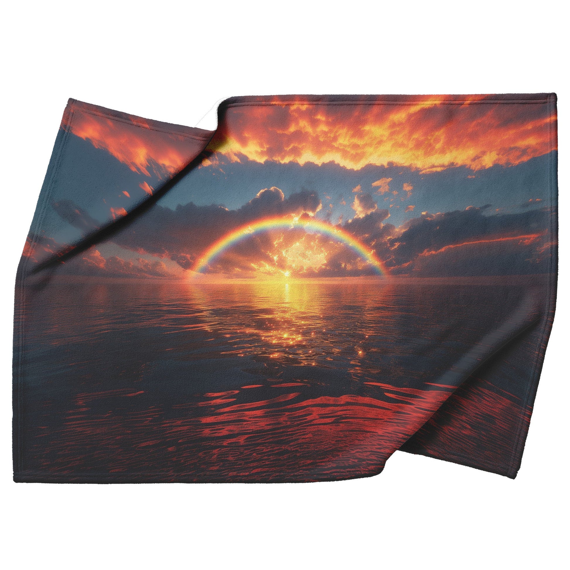 Radiant Rainbow with Golden Light Over Ocean Horizon Sparkling Waves Glowing Clouds Sunset Fleece Sherpa Blanket - Awakening Righteousness