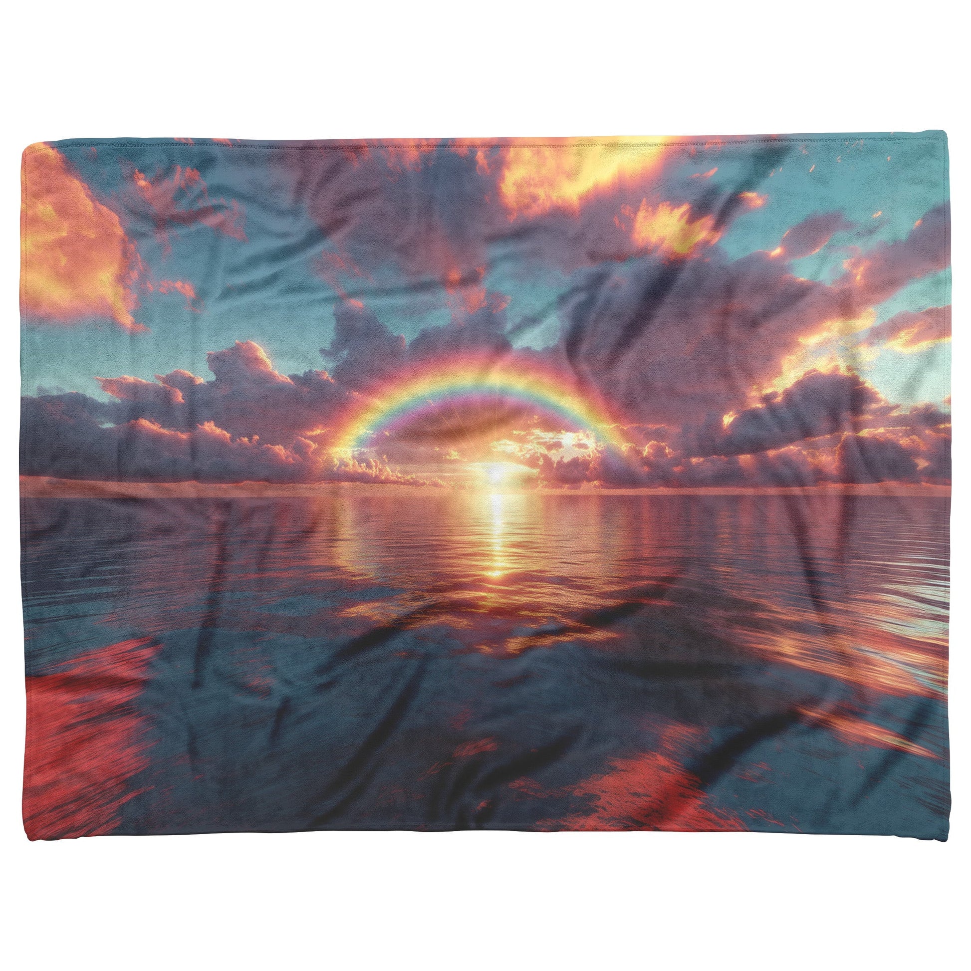 Radiant Rainbow with Golden Light Over Ocean Horizon Sparkling Waves Glowing Clouds Sunset Fleece Sherpa Blanket - Awakening Righteousness