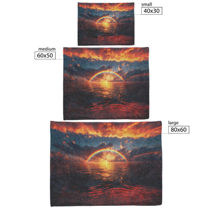 Radiant Rainbow with Golden Light Over Ocean Horizon Sparkling Waves Glowing Clouds Sunset Fleece Sherpa Blanket - Awakening Righteousness