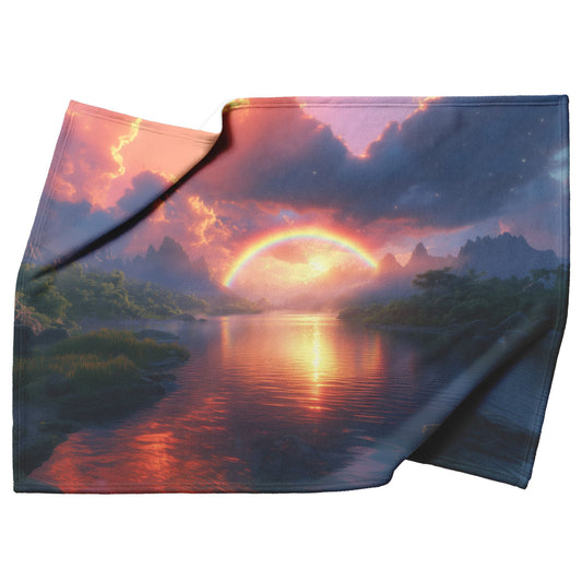Radiant Rainbow with Golden Light Over Ocean Horizon Sparkling Waves Glowing Clouds Sunset Fleece Sherpa Blanket - Awakening Righteousness