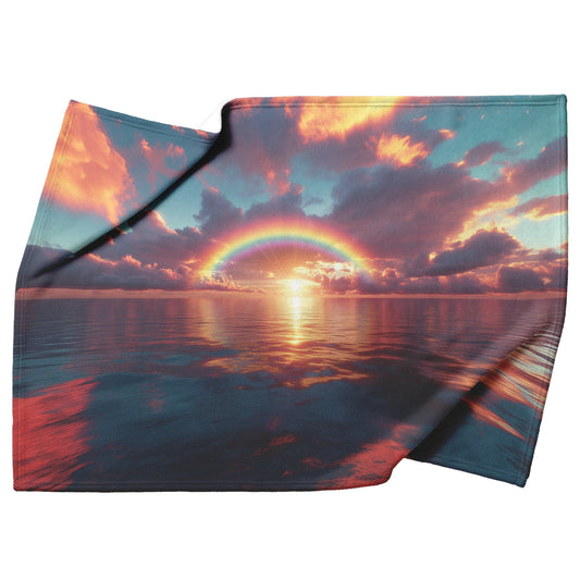 Radiant Rainbow with Golden Light Over Ocean Horizon Sparkling Waves Glowing Clouds Sunset Fleece Sherpa Blanket - Awakening Righteousness