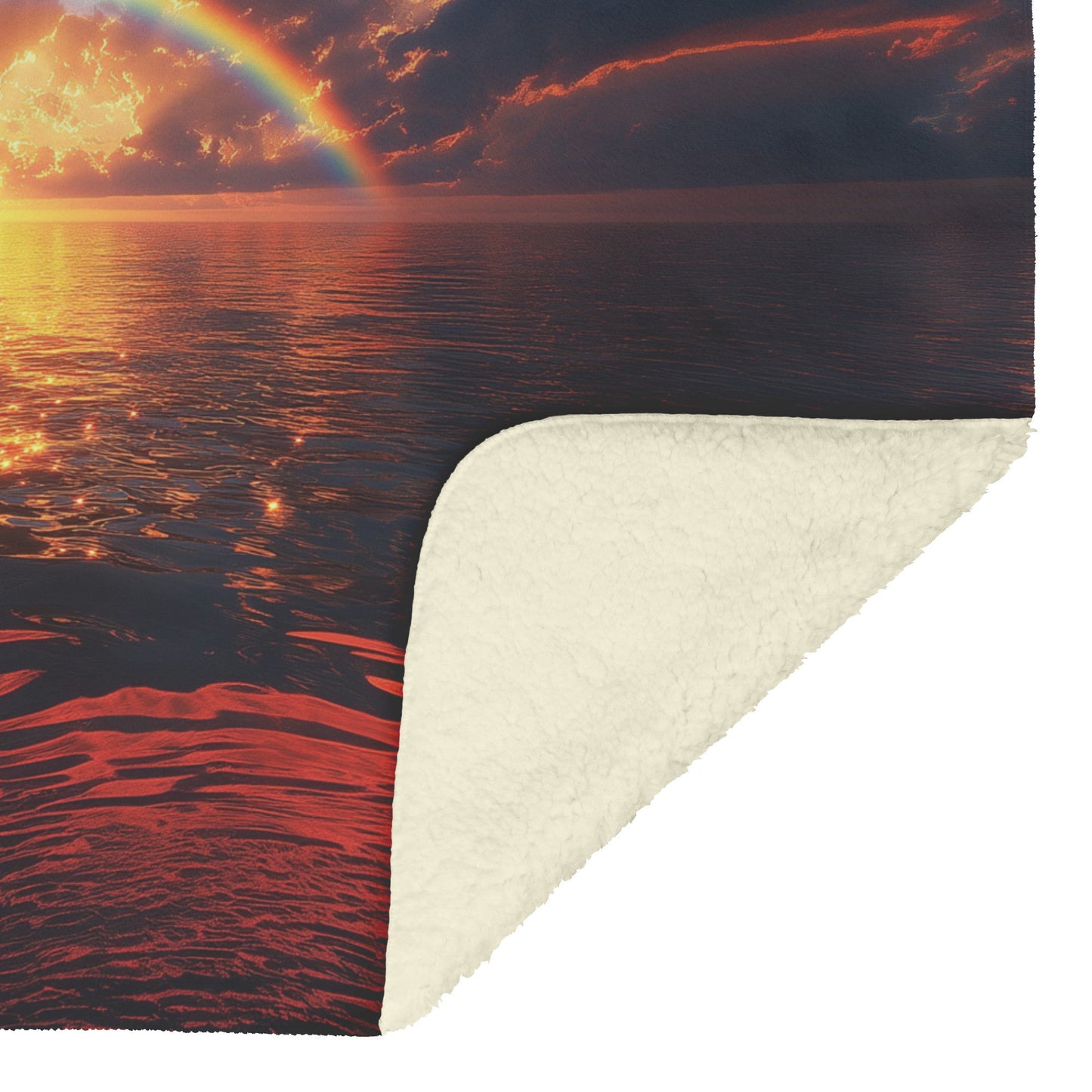 Radiant Rainbow with Golden Light Over Ocean Horizon Sparkling Waves Glowing Clouds Sunset Fleece Sherpa Blanket - Awakening Righteousness