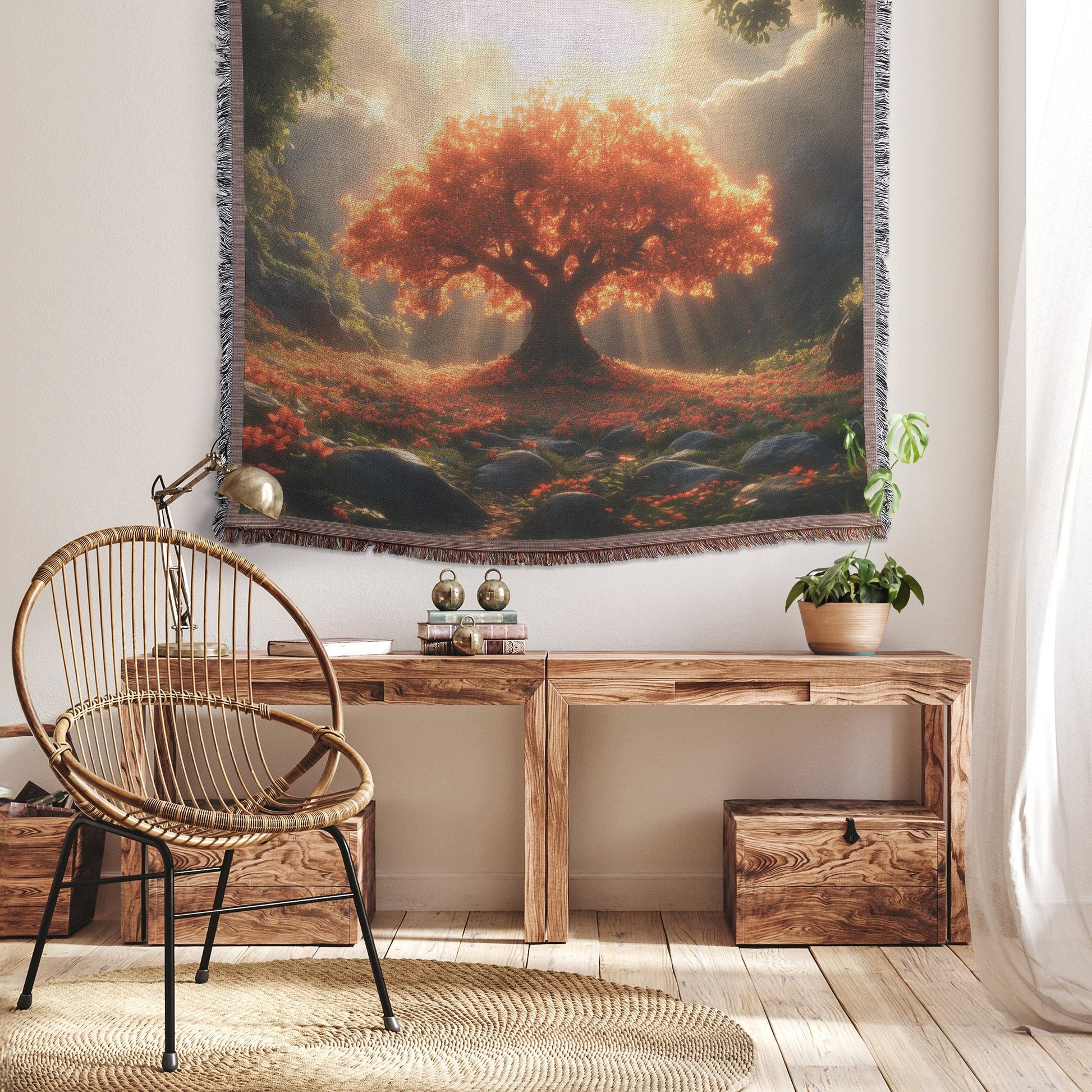 Radiant Red Tree in Sunlit Meadow Woven Throw Blanket - Awakening Righteousness