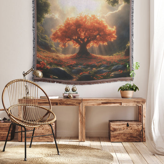 Radiant Red Tree in Sunlit Meadow Woven Throw Blanket - Awakening Righteousness