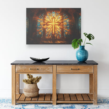 Radiant Stained Glass Cross in Cathedral Light Christian Canvas Wall Art Decor - Awakening Righteousness