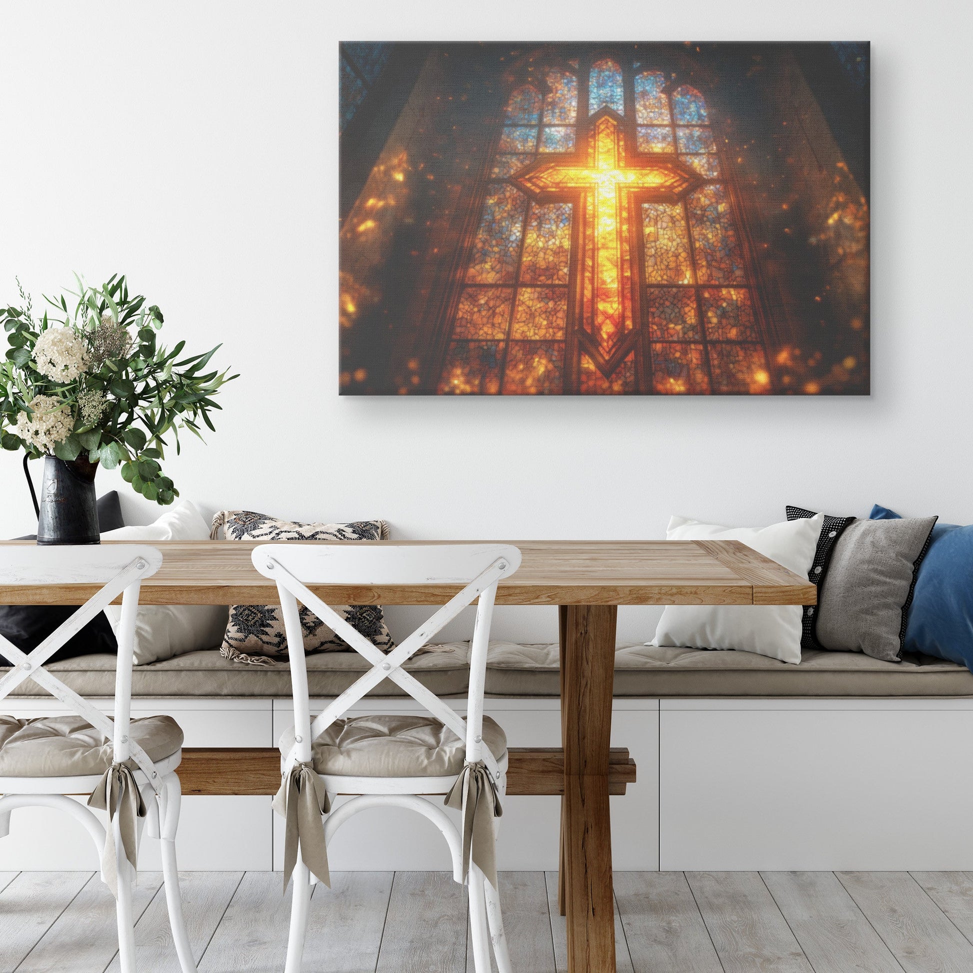 Radiant Stained Glass Cross Sunlit Church Wall Art Inspirational Christian Decor for Home or Worship Spaces - Awakening Righteousness