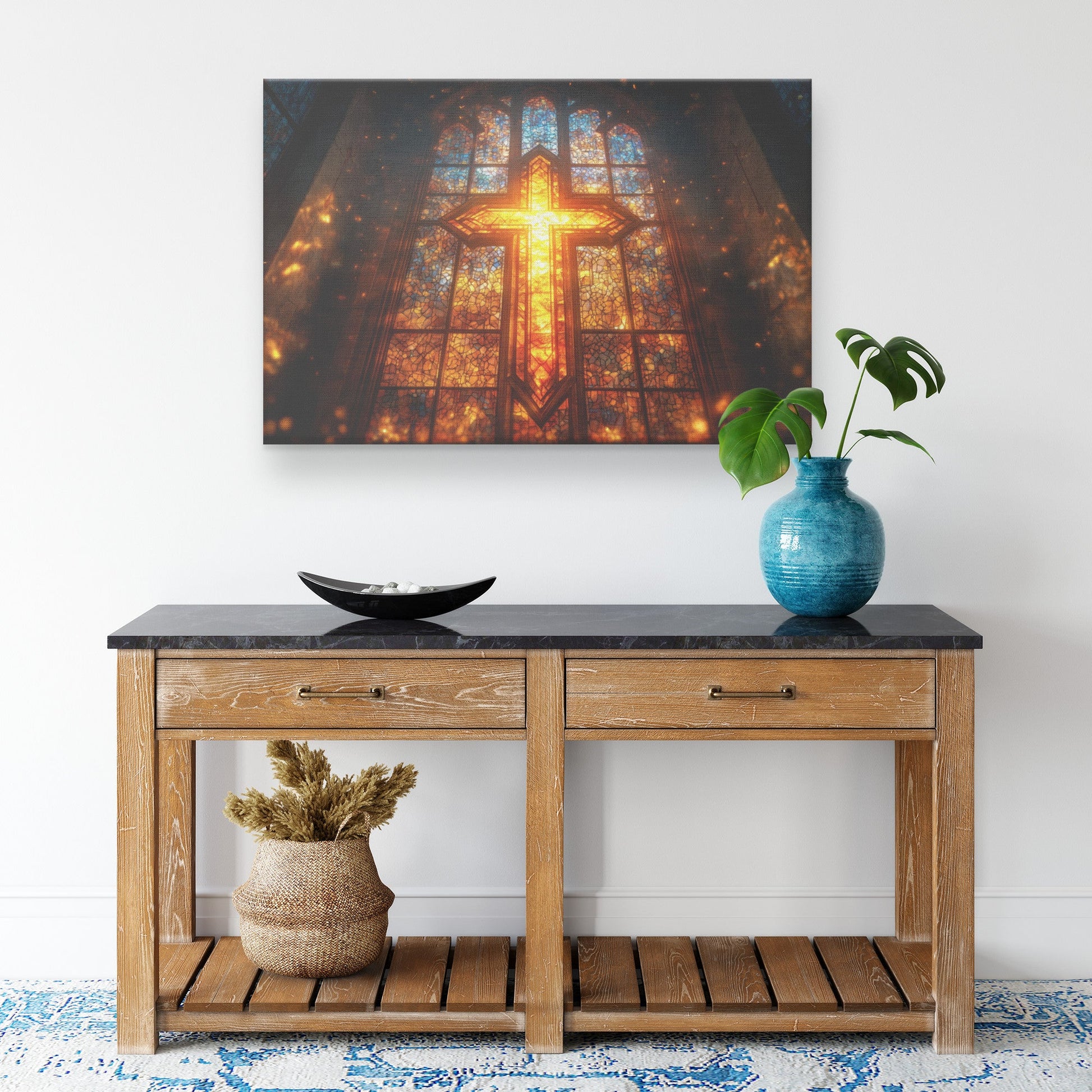 Radiant Stained Glass Cross Sunlit Church Wall Art Inspirational Christian Decor for Home or Worship Spaces - Awakening Righteousness