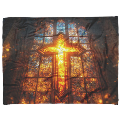 Radiant Stained Glass Cross Window Design Fleece Sherpa Blanket Christian Home Decor for Warmth Comfort and Inspiration - Awakening Righteousness