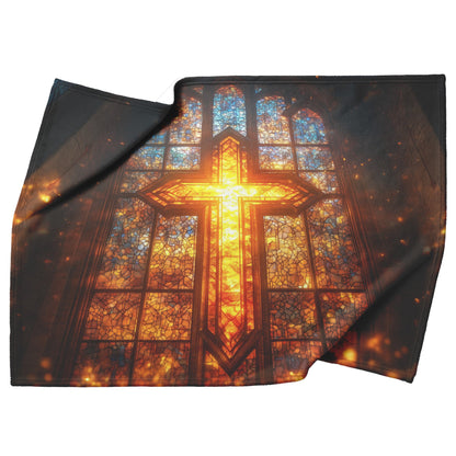 Radiant Stained Glass Cross Window Design Fleece Sherpa Blanket Christian Home Decor for Warmth Comfort and Inspiration - Awakening Righteousness