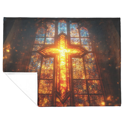 Radiant Stained Glass Cross Window Design Fleece Sherpa Blanket Christian Home Decor for Warmth Comfort and Inspiration - Awakening Righteousness