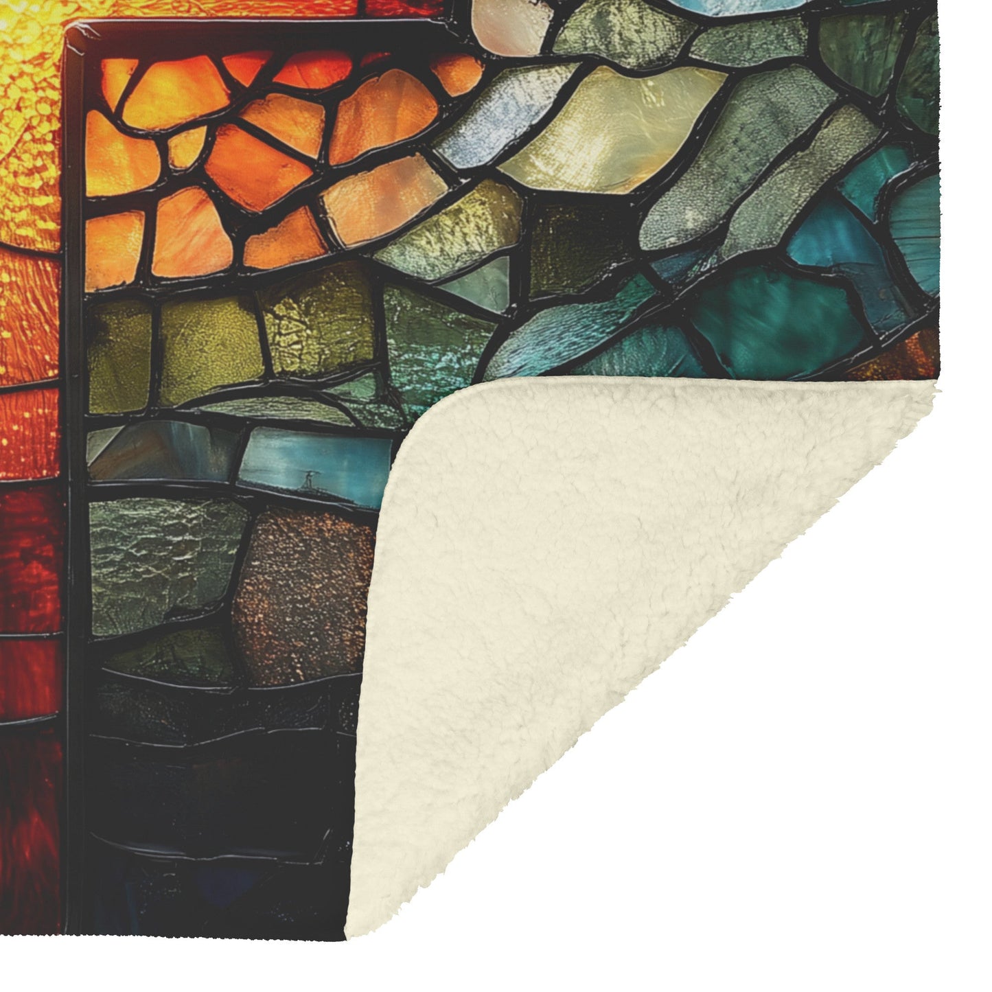Radiant Stained Glass Cross with Earthy Tones Fleece Sherpa Blanket Christian Decor for Comfort and Faith - Awakening Righteousness