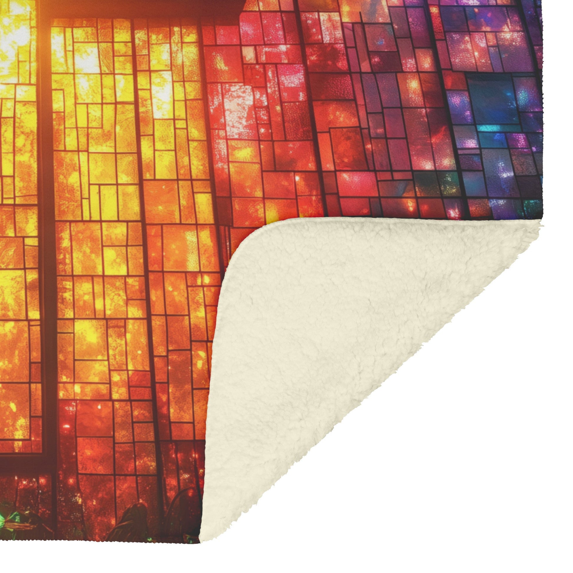 Radiant Stained Glass Cross with Rainbow Glow Fleece Sherpa Blanket Christian Home Decor for Comfort and Inspiration - Awakening Righteousness