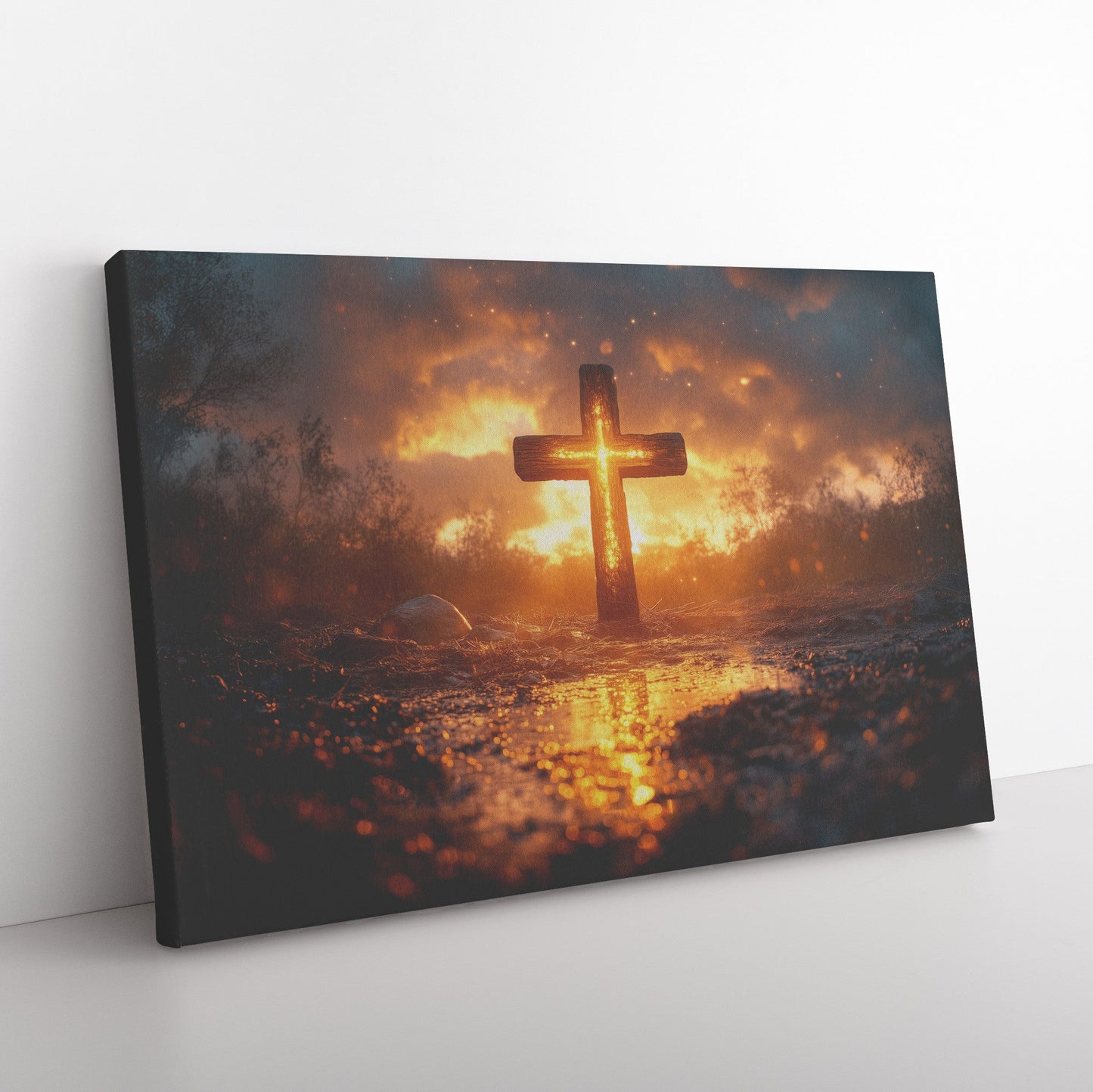 Radiant Wooden Cross Sunset Reflection Christian Canvas Wall Art Decor for Spiritual Home Inspiration - Awakening Righteousness