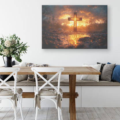 Radiant Wooden Cross Sunset Reflection Christian Canvas Wall Art Decor for Spiritual Home Inspiration - Awakening Righteousness