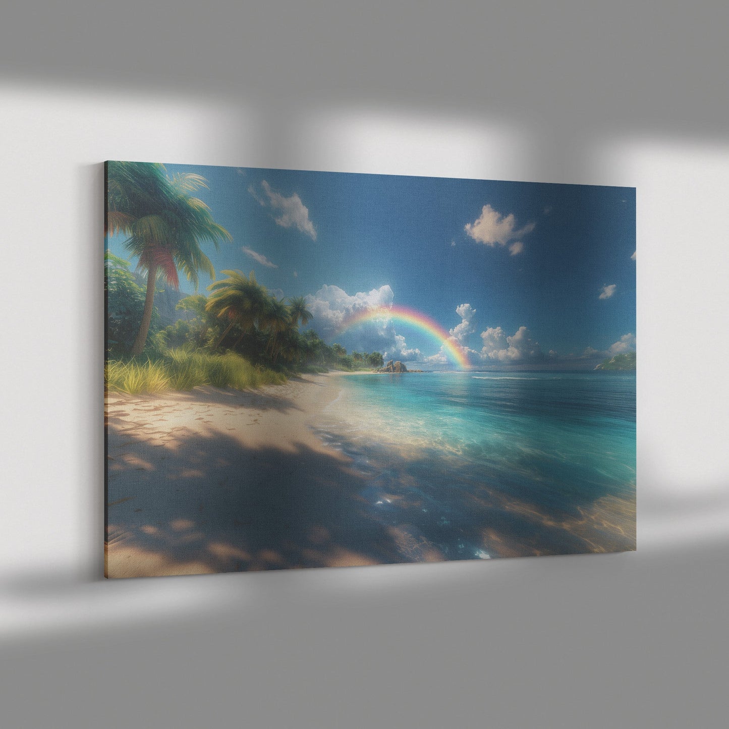 Rainbow Glowing Over Tropical Beach Turquoise Water White Sand Lush Palms Radiant Sunlight Canvas Wall Art - Awakening Righteousness