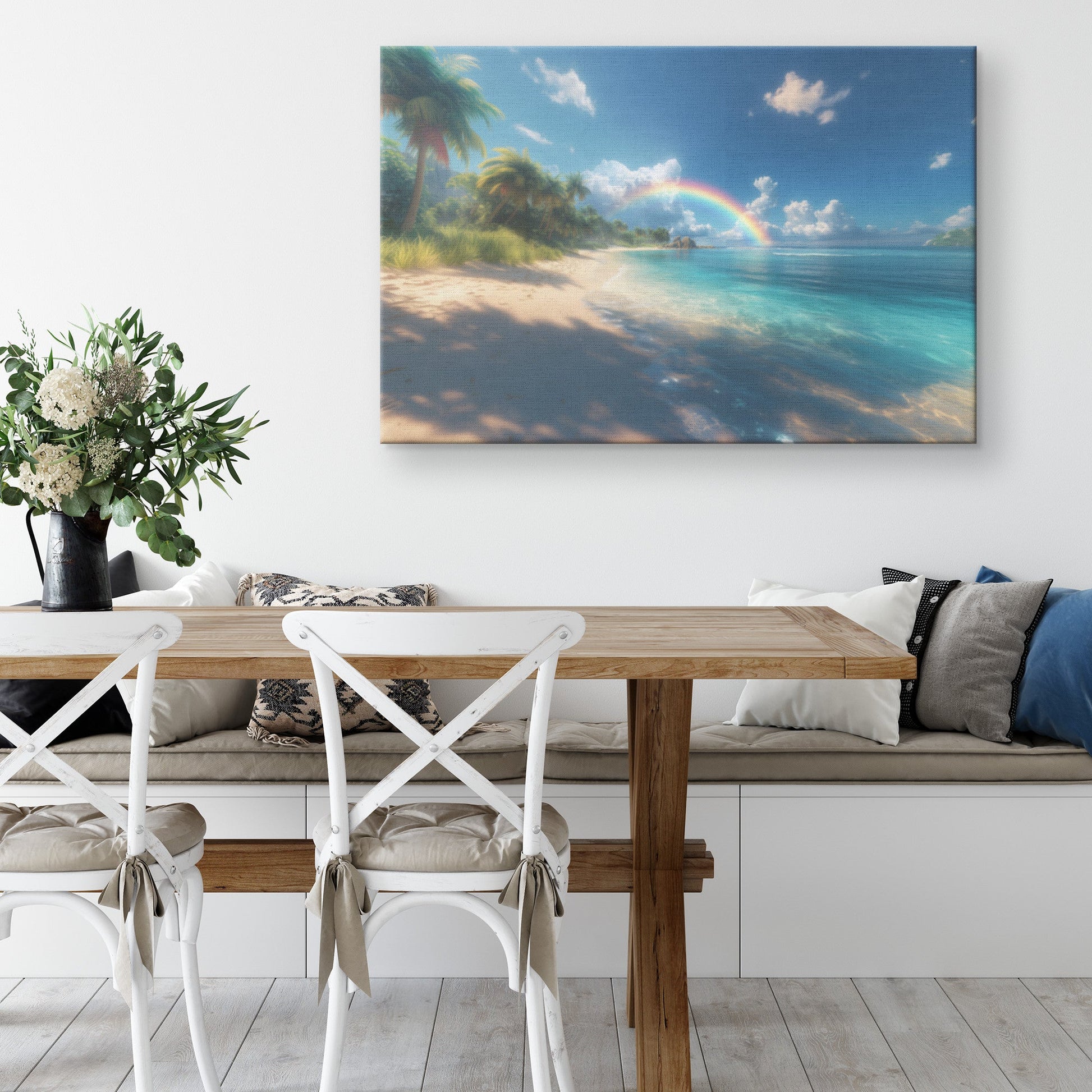 Rainbow Glowing Over Tropical Beach Turquoise Water White Sand Lush Palms Radiant Sunlight Canvas Wall Art - Awakening Righteousness