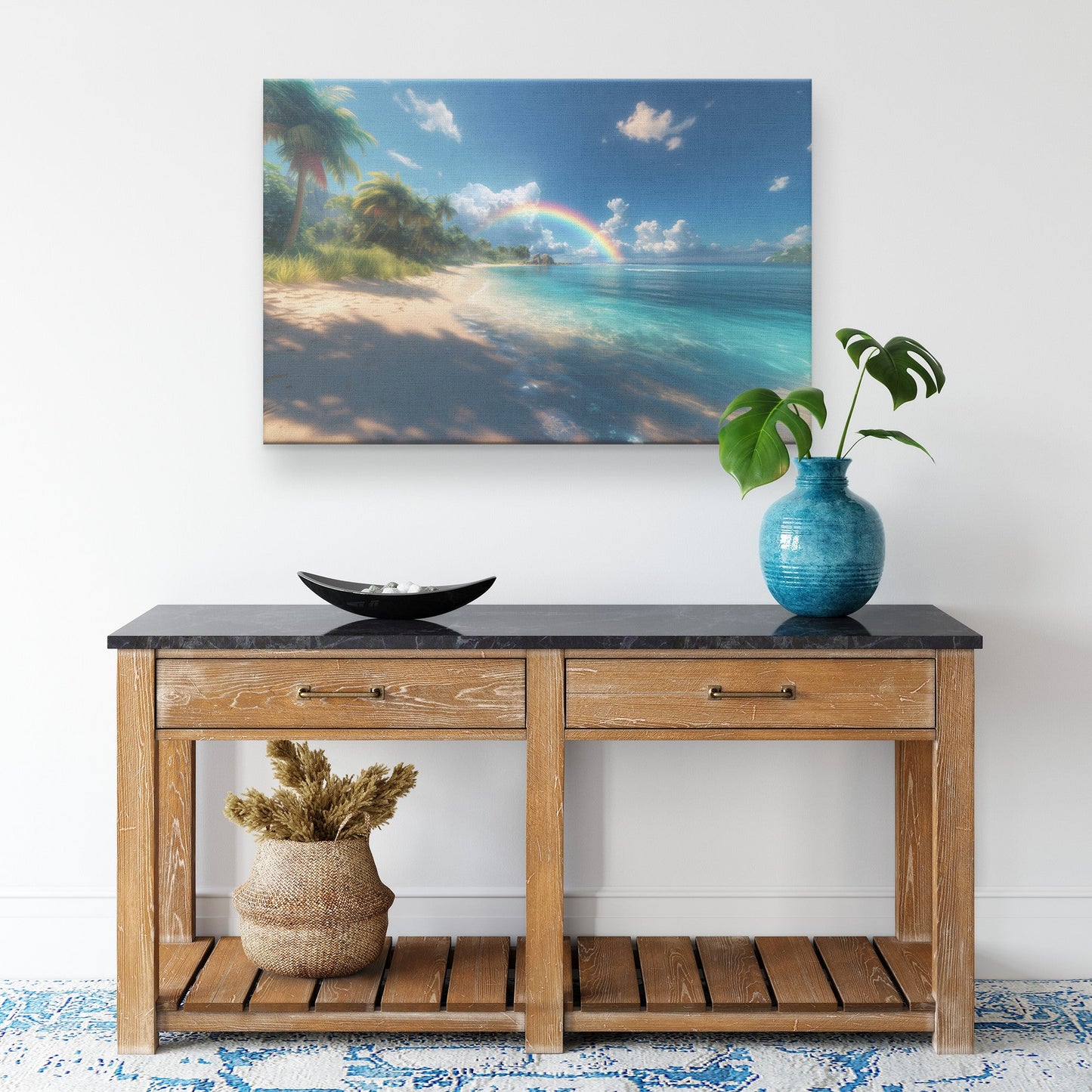 Rainbow Glowing Over Tropical Beach Turquoise Water White Sand Lush Palms Radiant Sunlight Canvas Wall Art - Awakening Righteousness