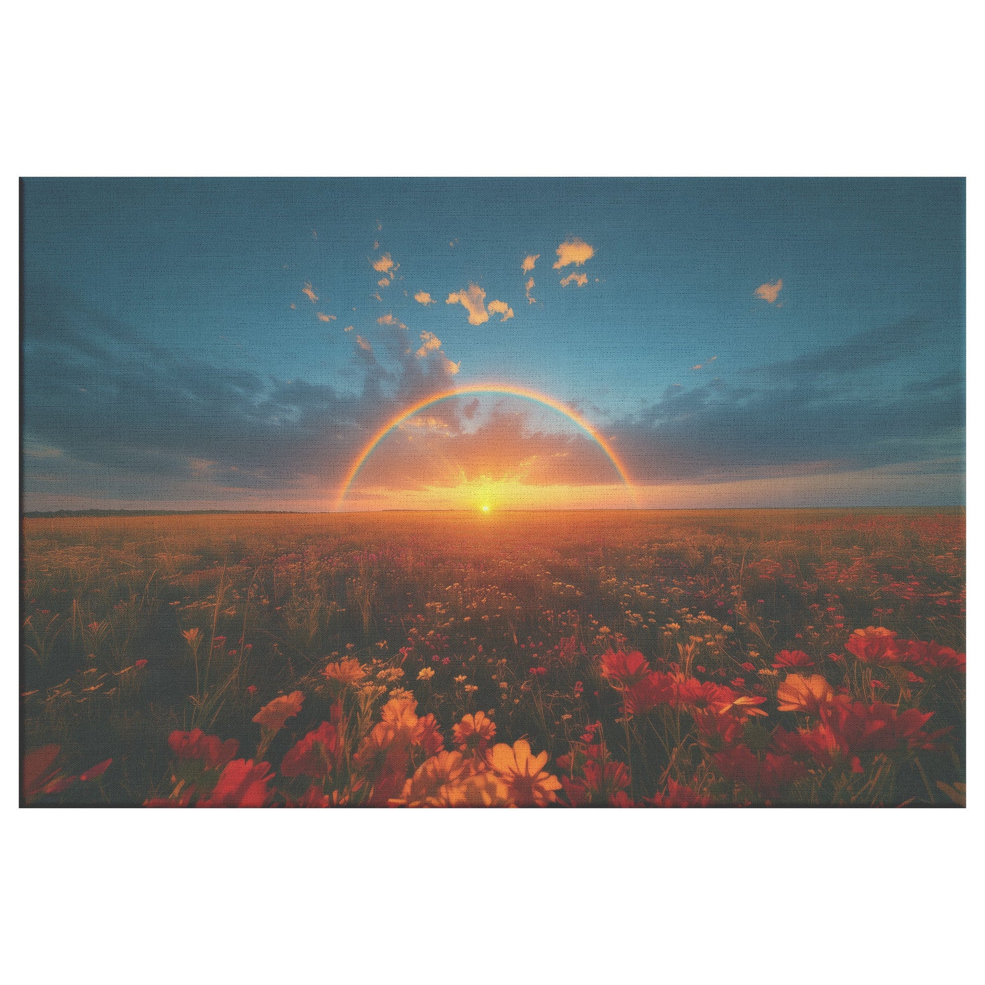 Rainbow Over Golden Field Sunrise Glowing Light Wildflowers Peaceful Blue Sky Gentle Clouds Canvas Wall Art - Awakening Righteousness