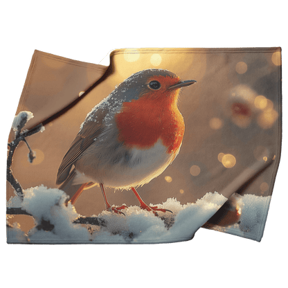 Red Breasted Robin Perched on Glowing Snow Covered Branch Surrounded by Twinkling Snowflakes Under Moonlight Fleece Sherpa Blanket - Awakening Righteousness