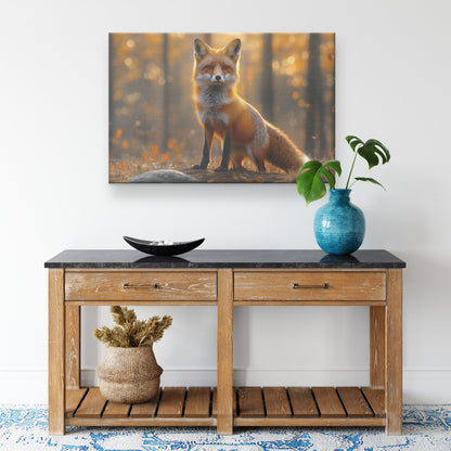 Red Fox Glowing in Golden Morning Sunlight on Forest Trail Surrounded by Mist and Trees Canvas Wall Art Decor - Awakening Righteousness