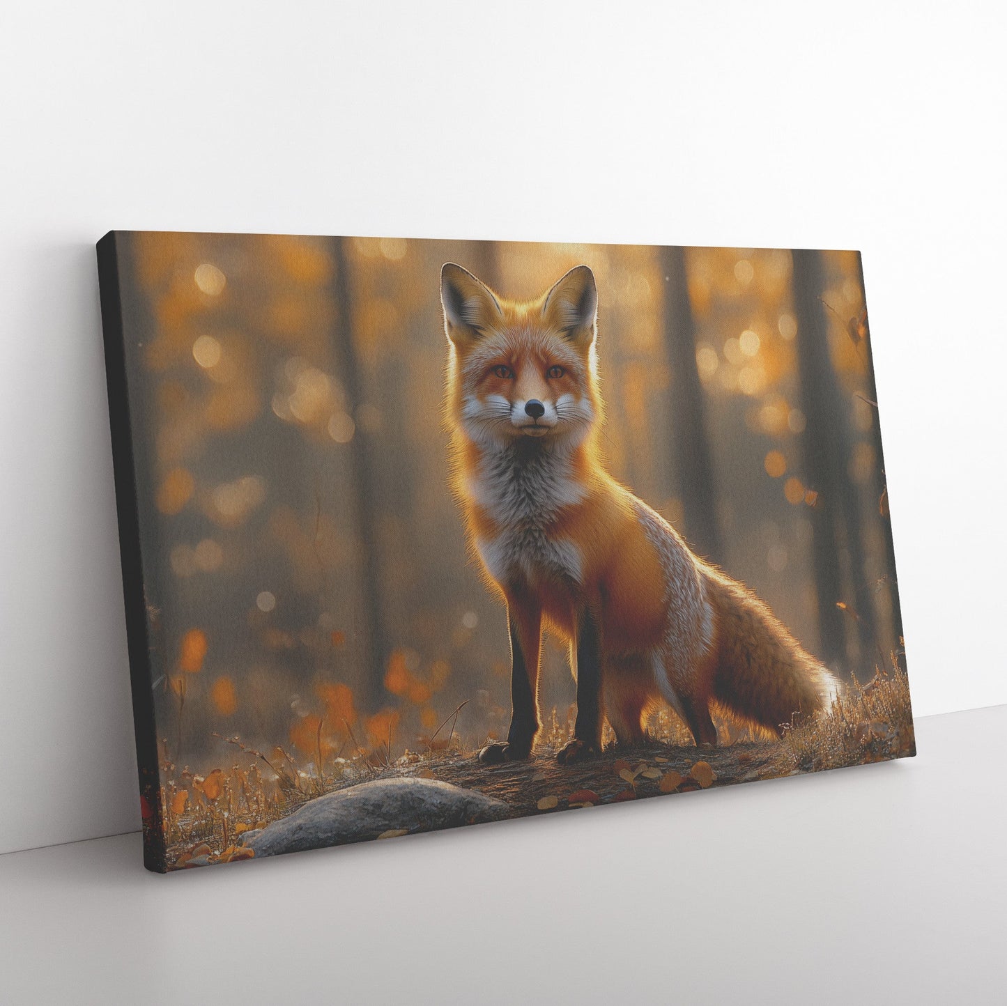 Red Fox Glowing in Golden Morning Sunlight on Forest Trail Surrounded by Mist and Trees Canvas Wall Art Decor - Awakening Righteousness