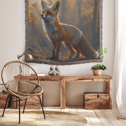 Red Fox on Forest Trail with Glowing Fur in Golden Morning Sunlight Surrounded by Mist and Trees Woven Throw Blanket - Awakening Righteousness