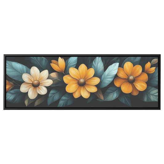 Retro Floral Design Simple Daisies Bold Leaves Muted Yellow Orange Green Tones Ultra High Definition Mid Century Modern Boho Panoramic Framed Canvas Wall Art - Awakening Righteousness