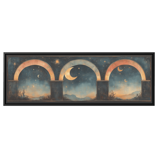 Retro Modern Boho Design Crescent Moons Stars Arches Muted Pastel Tones Ultra High Definition Textured Elegance Panoramic Framed Canvas Wall Art - Awakening Righteousness