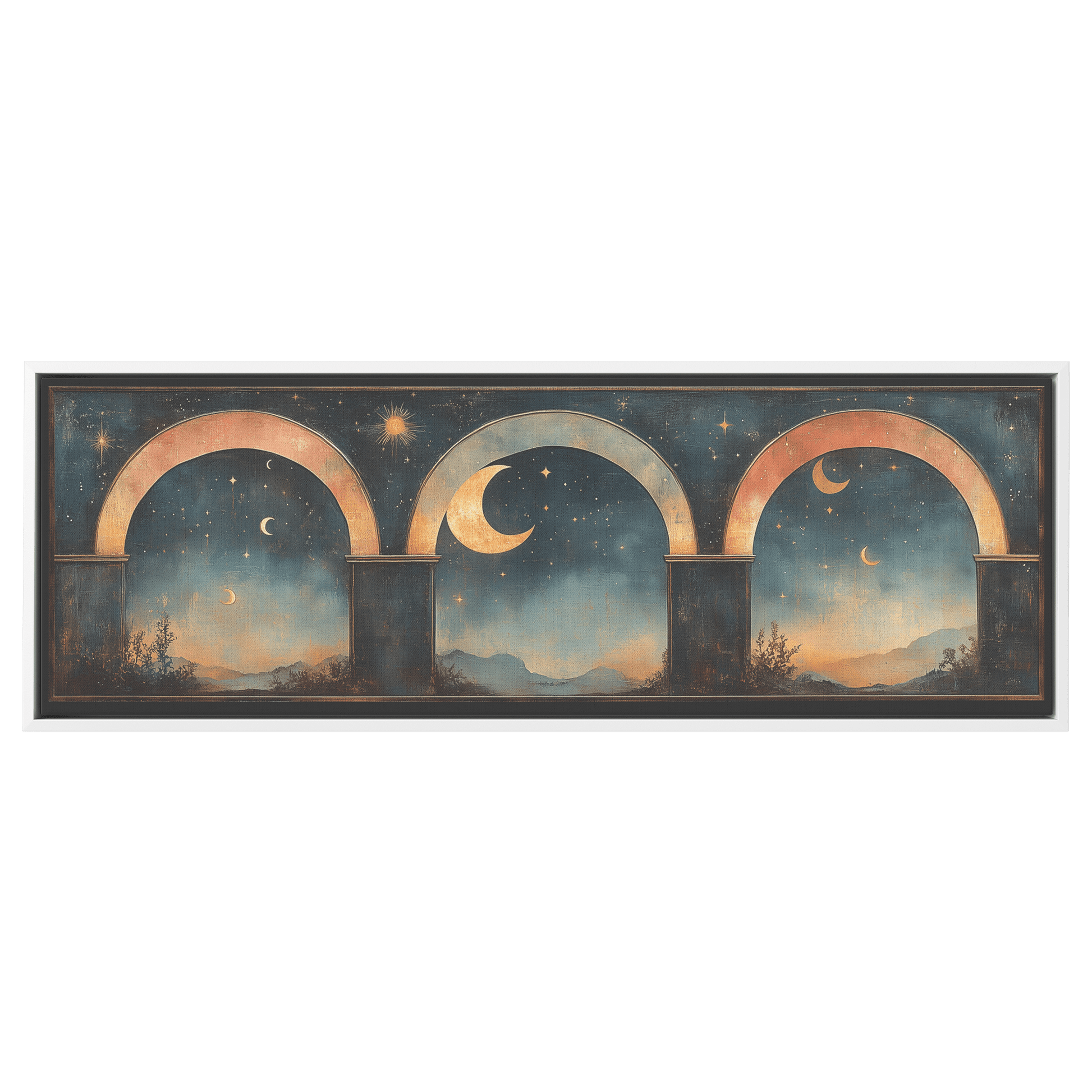 Retro Modern Boho Design Crescent Moons Stars Arches Muted Pastel Tones Ultra High Definition Textured Elegance Panoramic Framed Canvas Wall Art - Awakening Righteousness