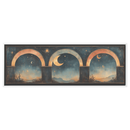 Retro Modern Boho Design Crescent Moons Stars Arches Muted Pastel Tones Ultra High Definition Textured Elegance Panoramic Framed Canvas Wall Art - Awakening Righteousness
